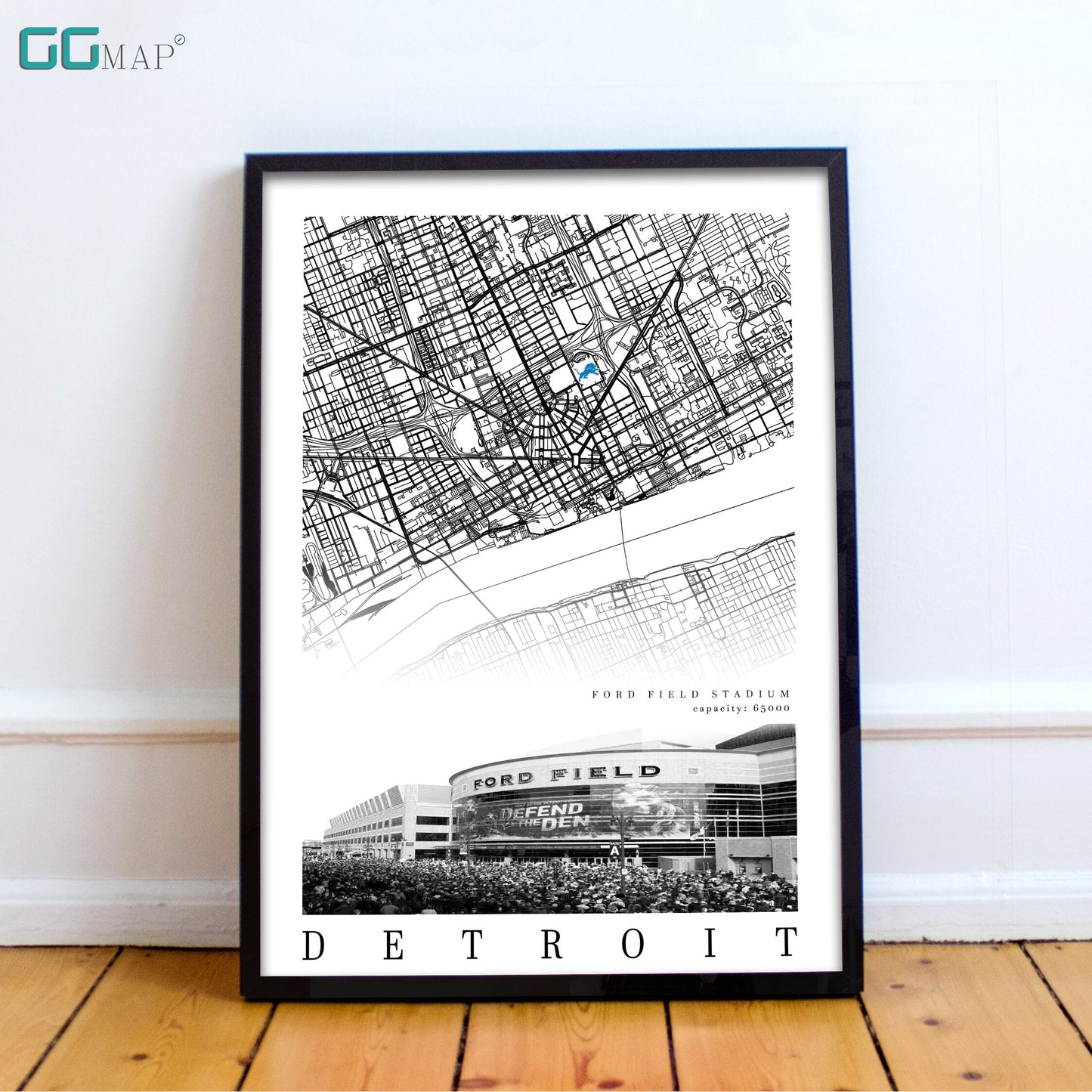 City map of DETROIT - Ford Field Stadium - Home Decor Detroit - Detroit decor - Detroit Lions poster - Ford Field poster - Print map -