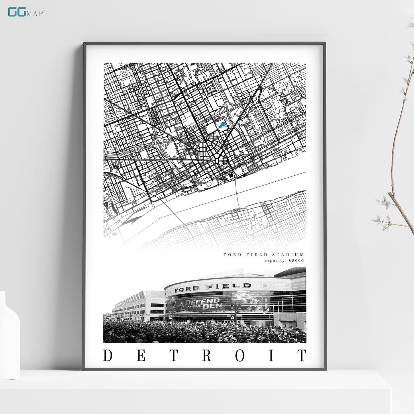 City map of DETROIT - Ford Field Stadium - Home Decor Detroit - Detroit decor - Detroit Lions poster - Ford Field poster - Print map -