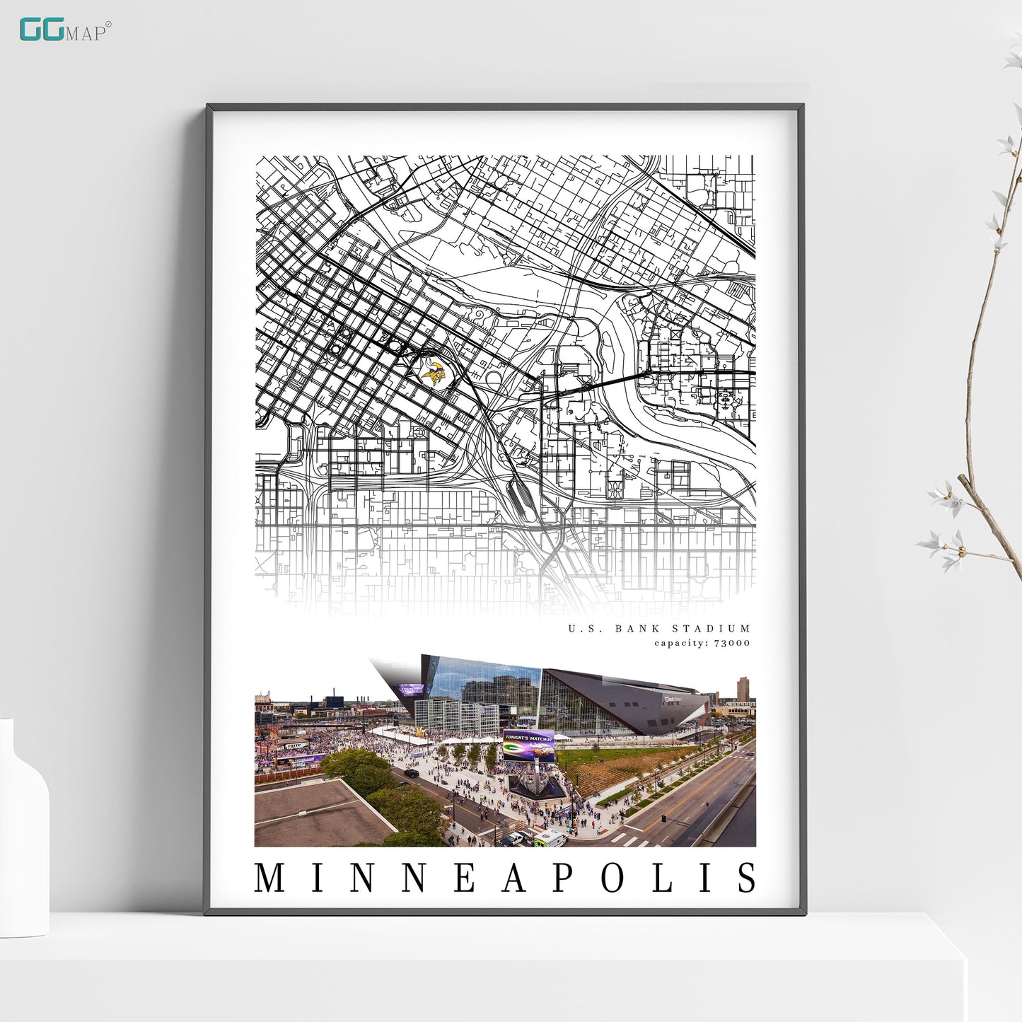 a white poster with a map of minneapolis on it