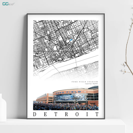 City map of DETROIT - Ford Field Stadium - Home Decor Detroit - Detroit decor - Detroit Lions poster - Ford Field poster - Print map -