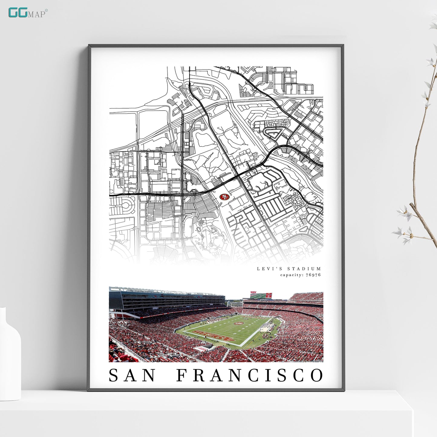 a map of san francisco with a football field in the background