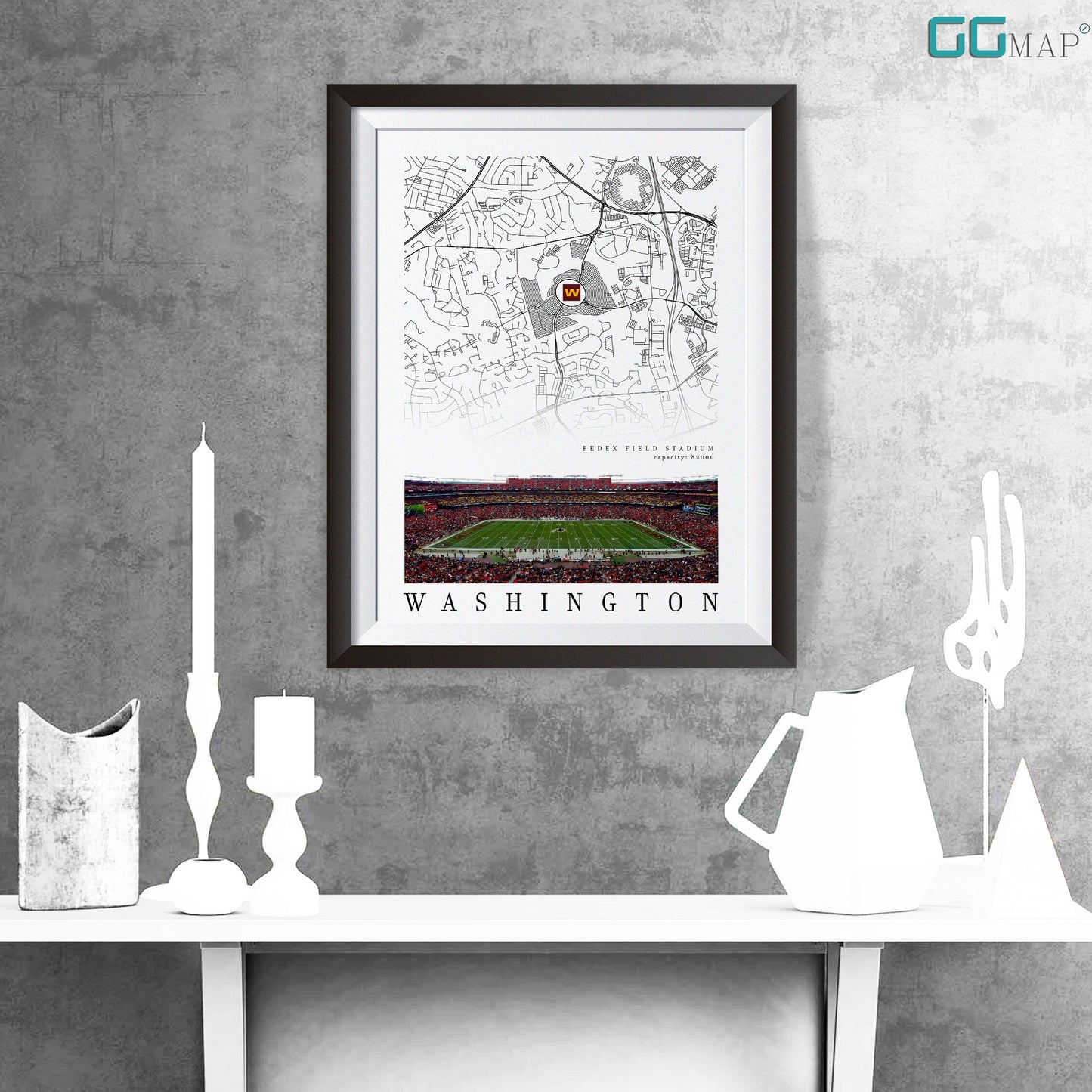 City map of WASHINGTON - Fedex Field Stadium poster - Home Decor Washington - Washington poster - Fedex Field poster - Print map -