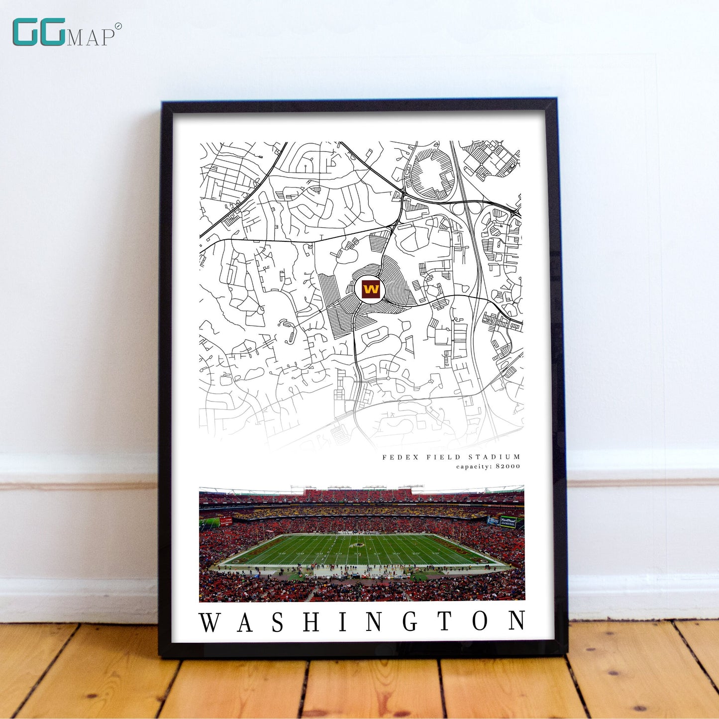 City map of WASHINGTON - Fedex Field Stadium poster - Home Decor Washington - Washington poster - Fedex Field poster - Print map -