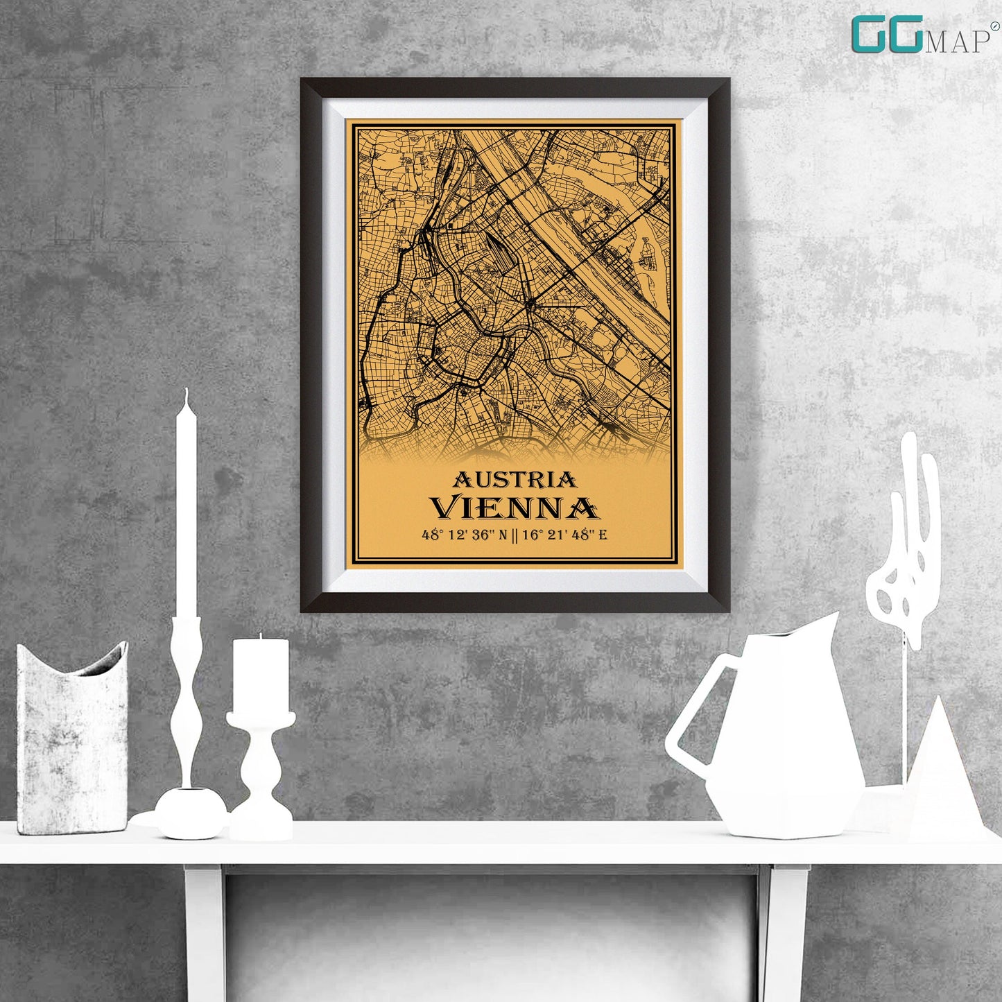 City map of VIENNA - Home Decor - Office map - Travel map - Print map - Medallion yellow map - Vienna map - Map art - Austria