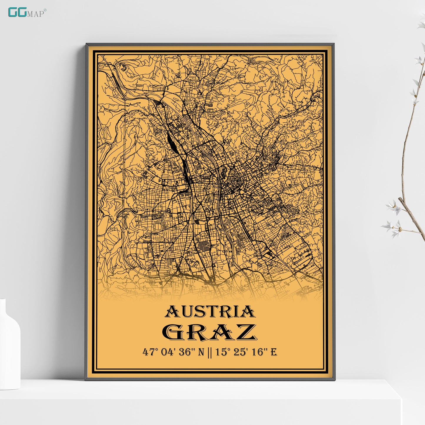 a yellow poster with a map of the city of graz