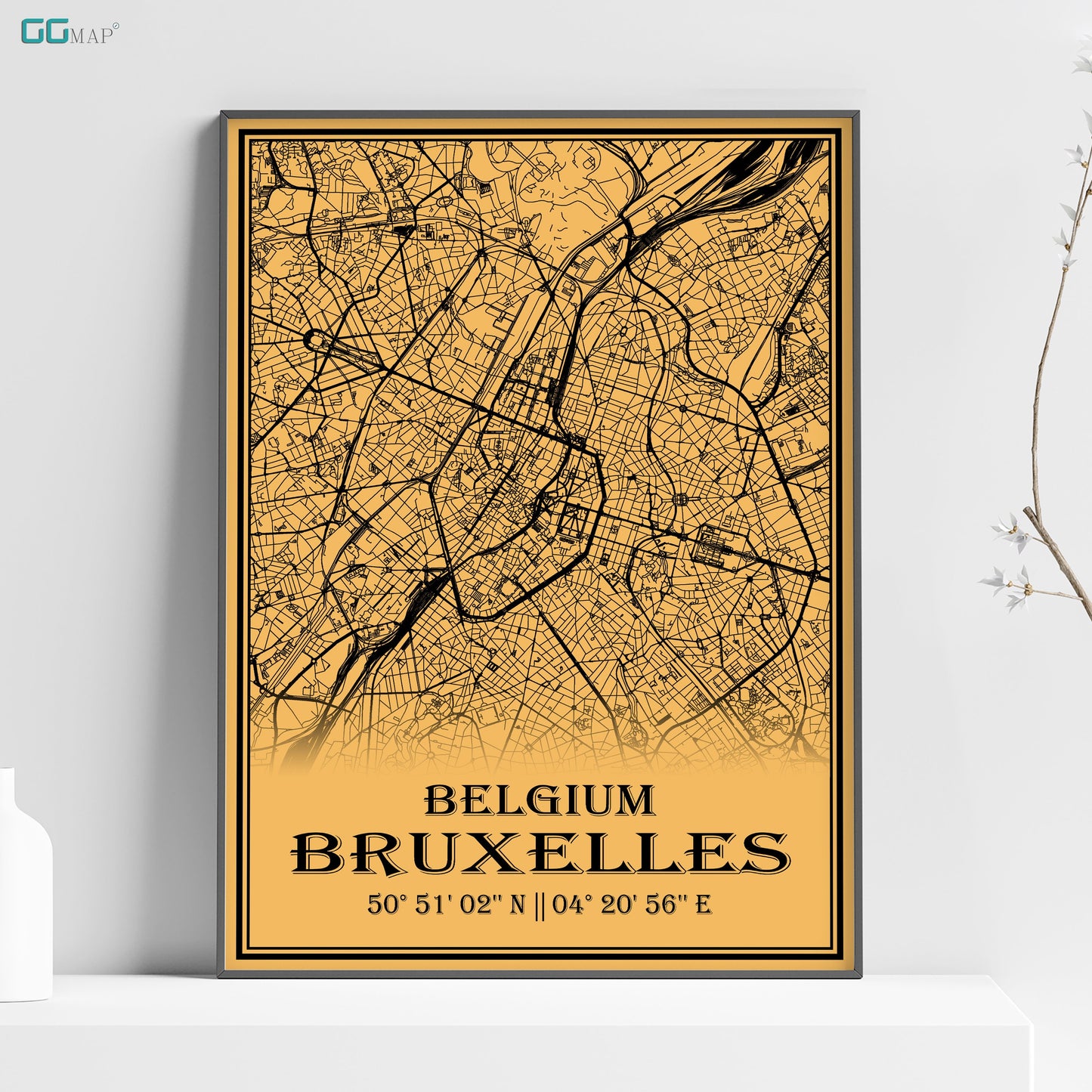 a poster of a map of brussels on a shelf