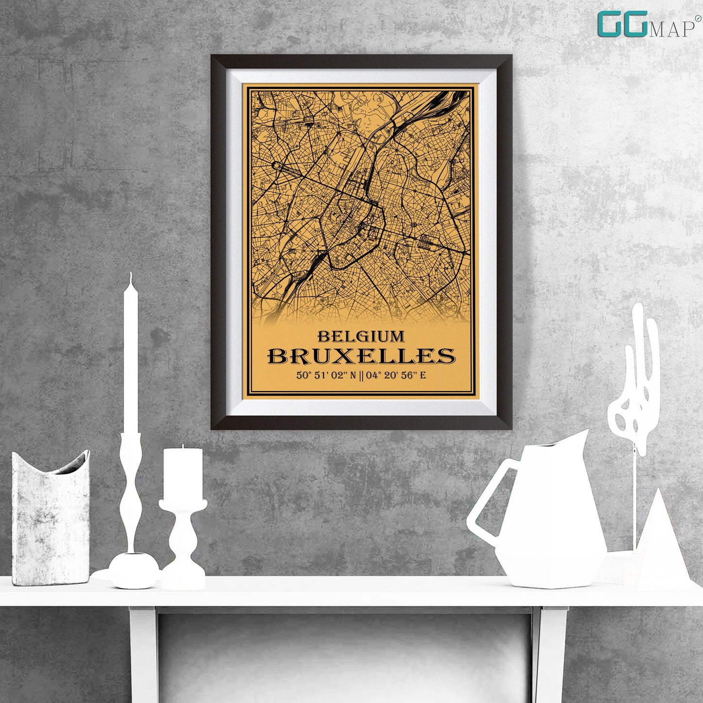 City map of BRUXELLES - Home Decor - Office map - Travel map - Print map - Medallion yellow map - Bruxelles map - Map art - Belgium