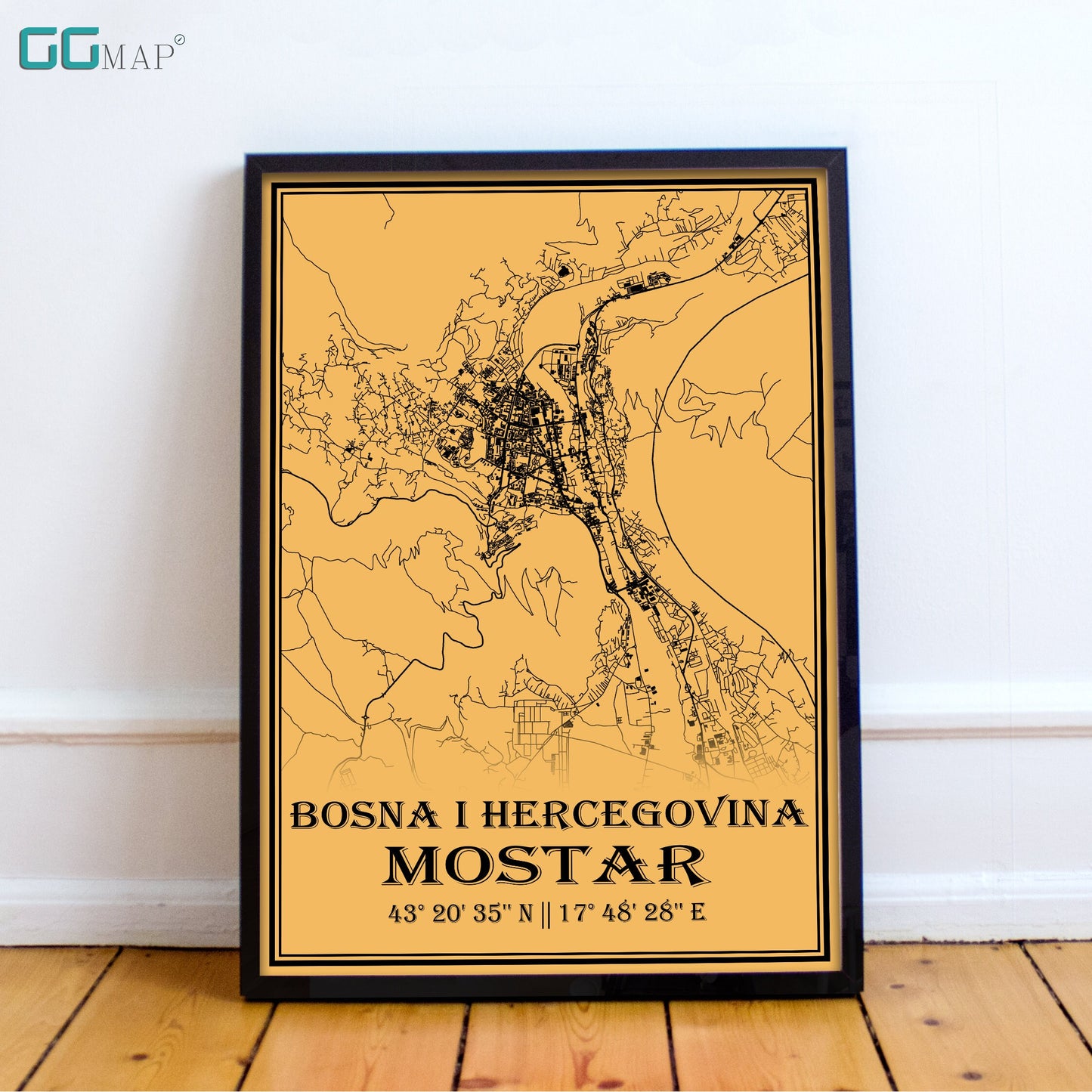 City map of MOSTAR - Home Decor - Office map - Travel map - Print map - Medallion yellow map - Mostar map - Map art - Bosnia and Herzegovina