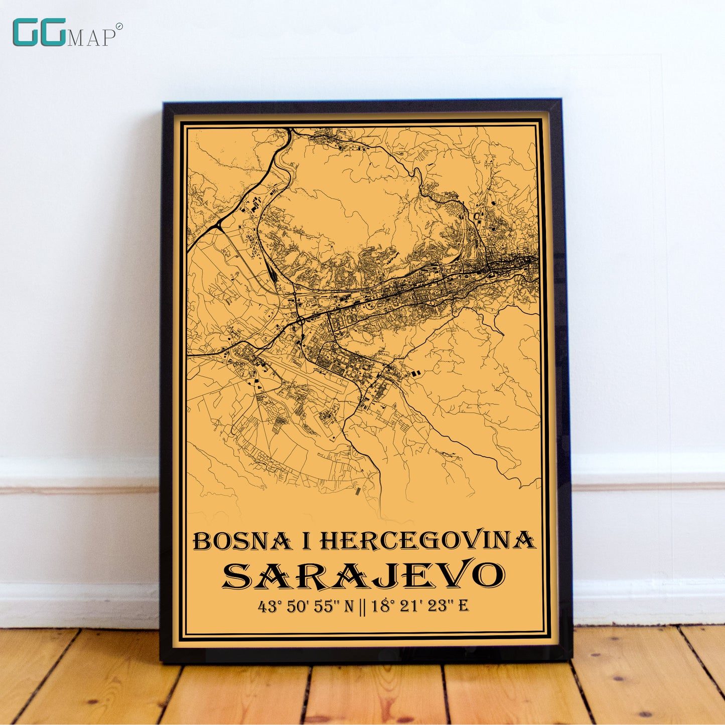 City map of SARAJEVO - Home Decor - Office map - Travel map - Print map - Medallion yellow map - Sarajevo map - Map art - BIH