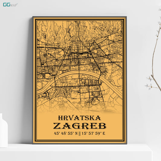 City map of ZAGREB - Home Decor - Office map - Travel map - Print map - Medallion yellow map - Zagreb map - Map art - Croatia