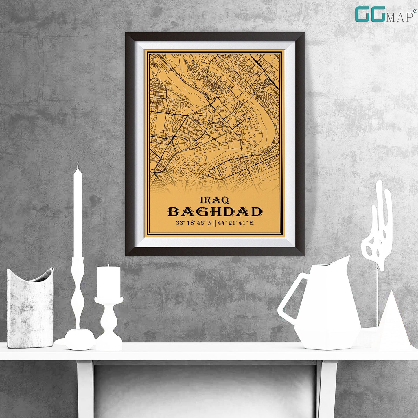 City map of BAGHDAD - Home Decor - Office map - Travel map - Print map - Medallion yellow map - Baghdad map - Map art - Iraq