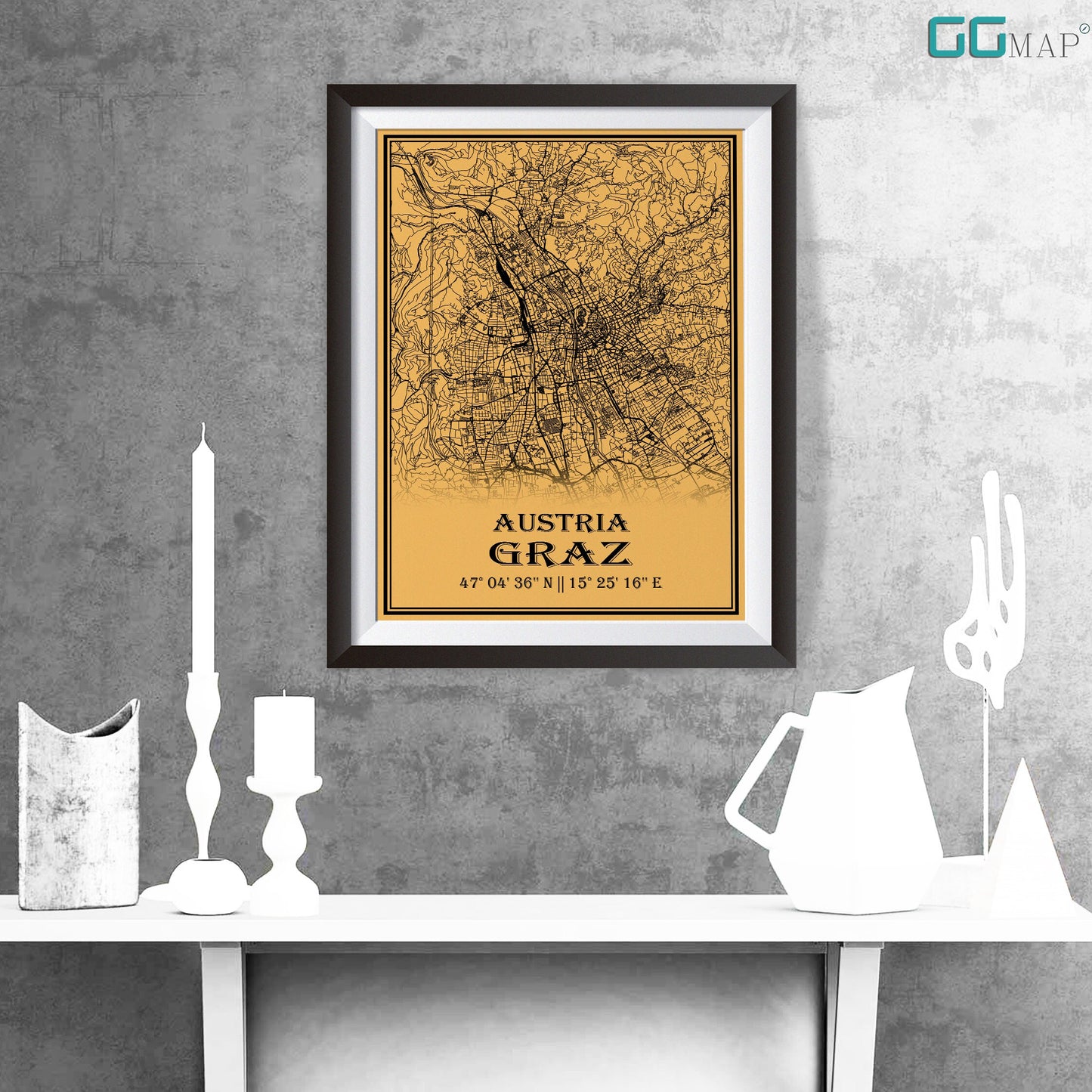 City map of GRAZ - Home Decor - Office map - Travel map - Print map - Medallion yellow map - Graz map - Map art - Austria