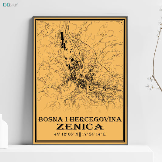 City map of ZENICA - Home Decor - Office map - Travel map - Print map - Medallion yellow map - Zenica map - Map art - Bosnia and Herzegovina