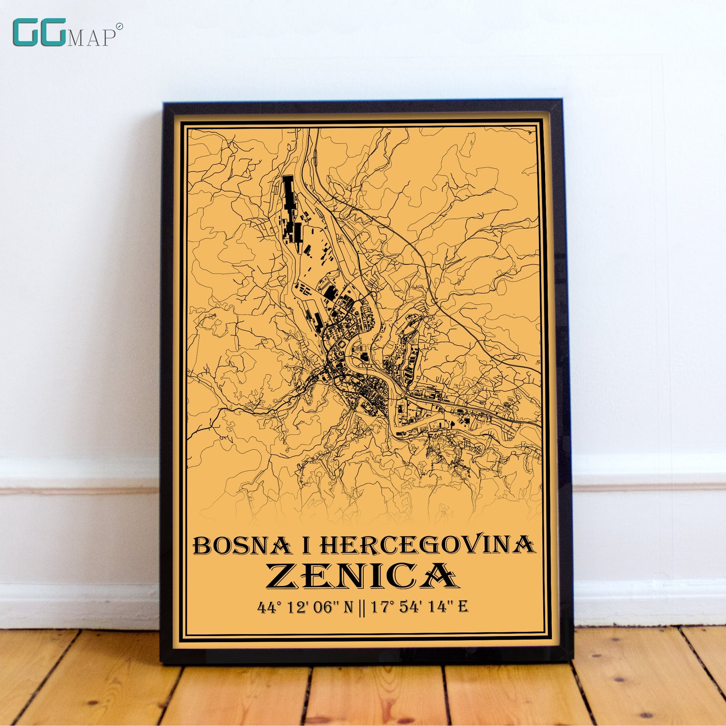 City map of ZENICA - Home Decor - Office map - Travel map - Print map - Medallion yellow map - Zenica map - Map art - Bosnia and Herzegovina