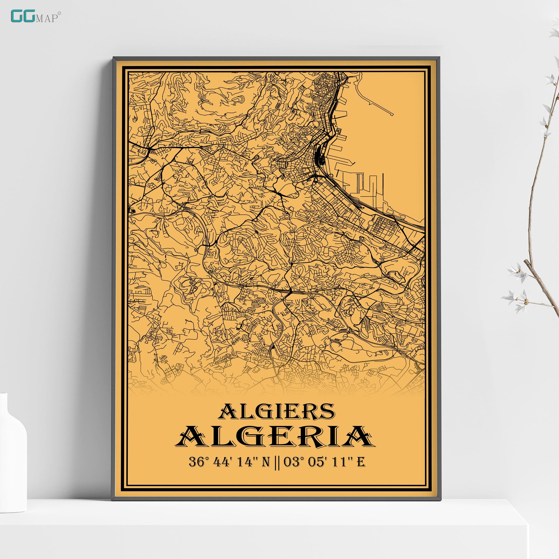 a yellow poster with a map of algeria