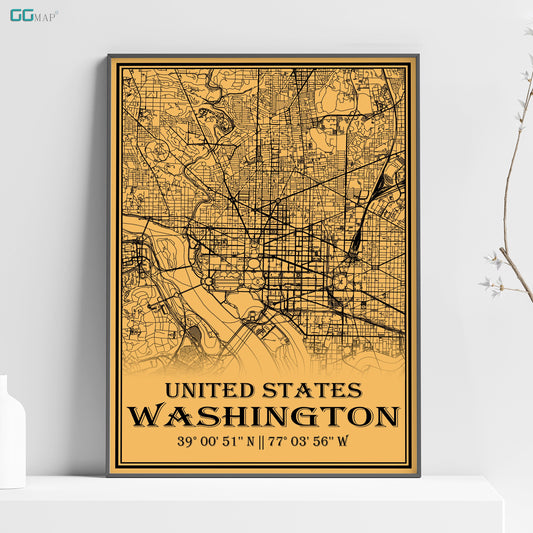 City map of WASHINGTON - Home Decor - Office map - Travel map - Print map - Medallion yellow map - Washington map - Map art - USA