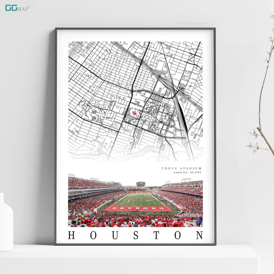 City map of HOUSTON - Houston Cougars - Home Decor TDECU Stadium - TDECU Stadium wall decor - Houston Cougars decor - Print map -