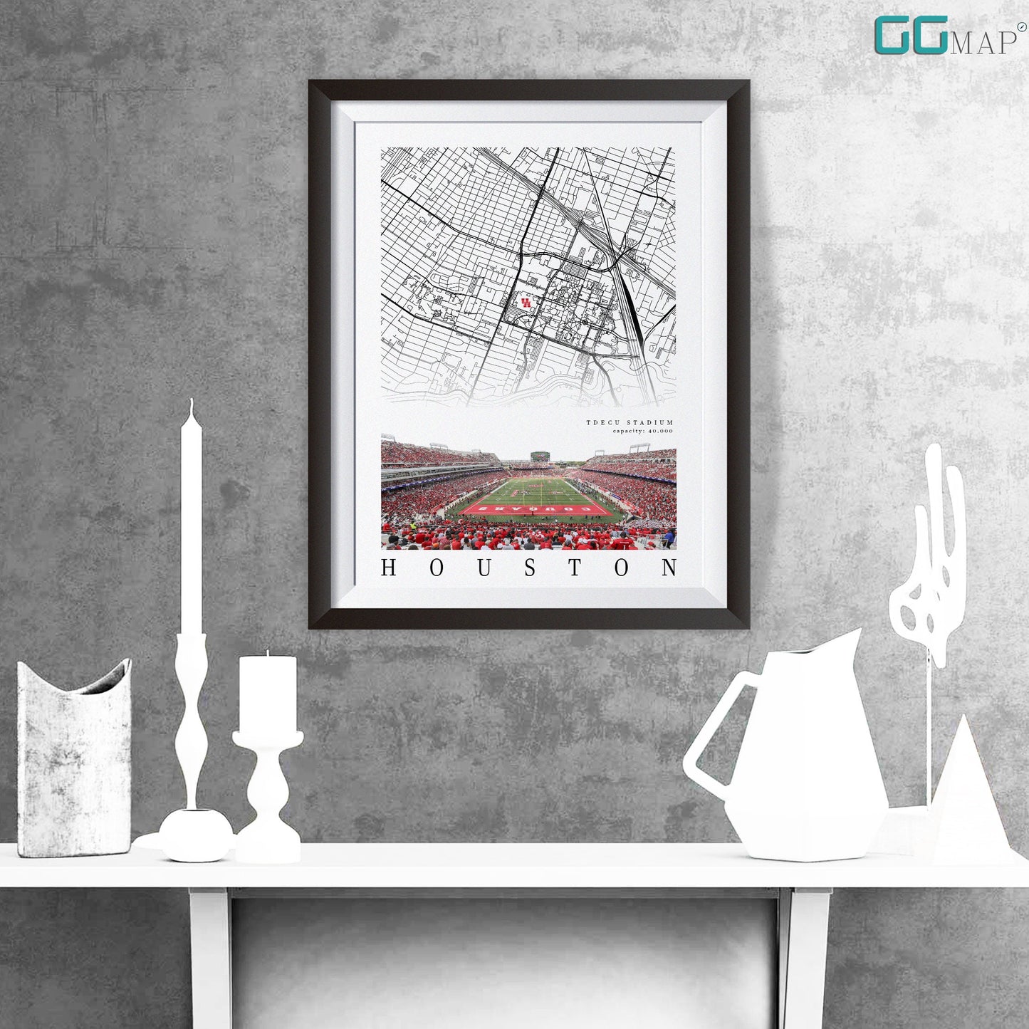 City map of HOUSTON - Houston Cougars - Home Decor TDECU Stadium - TDECU Stadium wall decor - Houston Cougars decor - Print map -