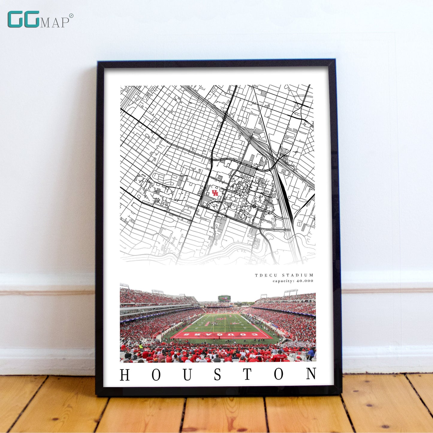 City map of HOUSTON - Houston Cougars - Home Decor TDECU Stadium - TDECU Stadium wall decor - Houston Cougars decor - Print map -